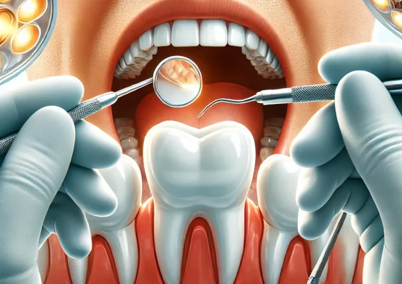 DALL·E 2024-12-07 20.14.41 - A detailed illustration of a dentist treating a tooth cavity in a patient's mouth. The dentist is using professional dental tools, with a focus on the Hastaların Etkili Cerrahi Tedavisi